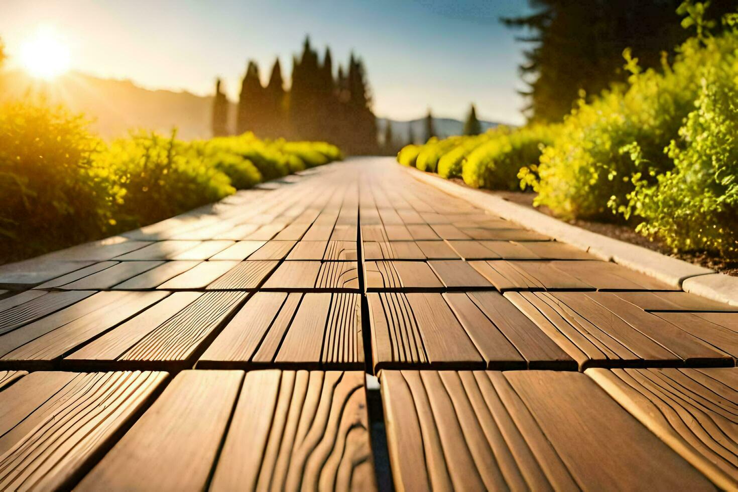 a wooden walkway in the sun. AI-Generated photo