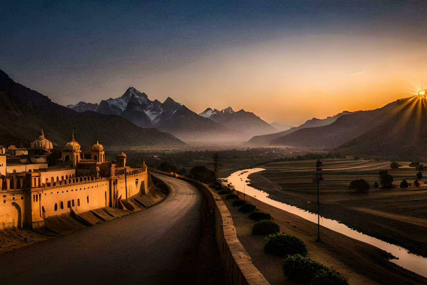 the sun rises over a valley and a road in the mountains. AI-Generated photo
