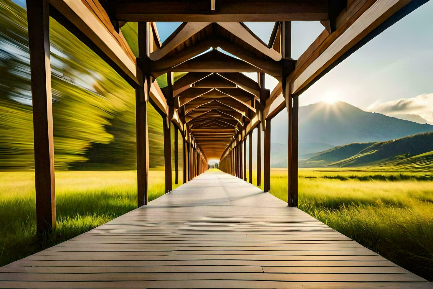 a long wooden walkway with a mountain in the background. AI-Generated photo