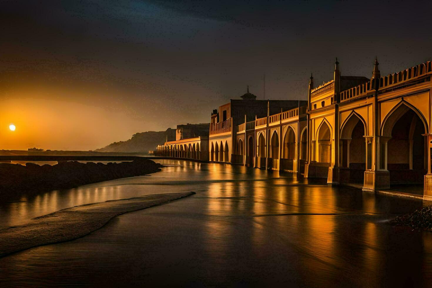 el Dom conjuntos terminado el agua y un puente. generado por ai foto