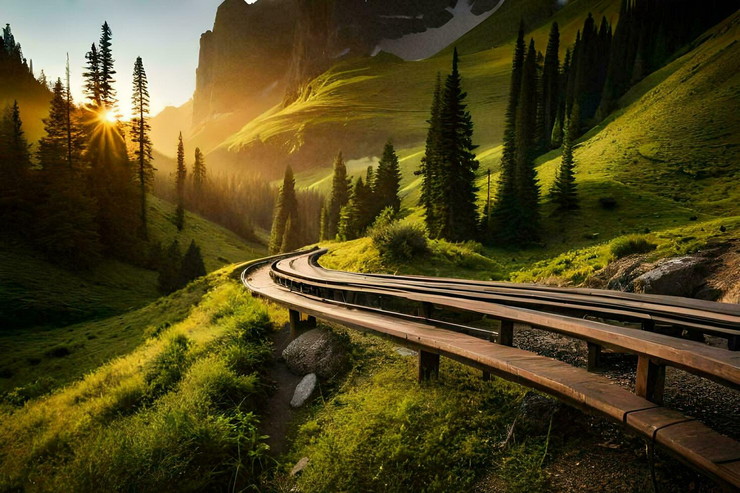 a wooden track runs through the mountains at sunset. AI-Generated photo