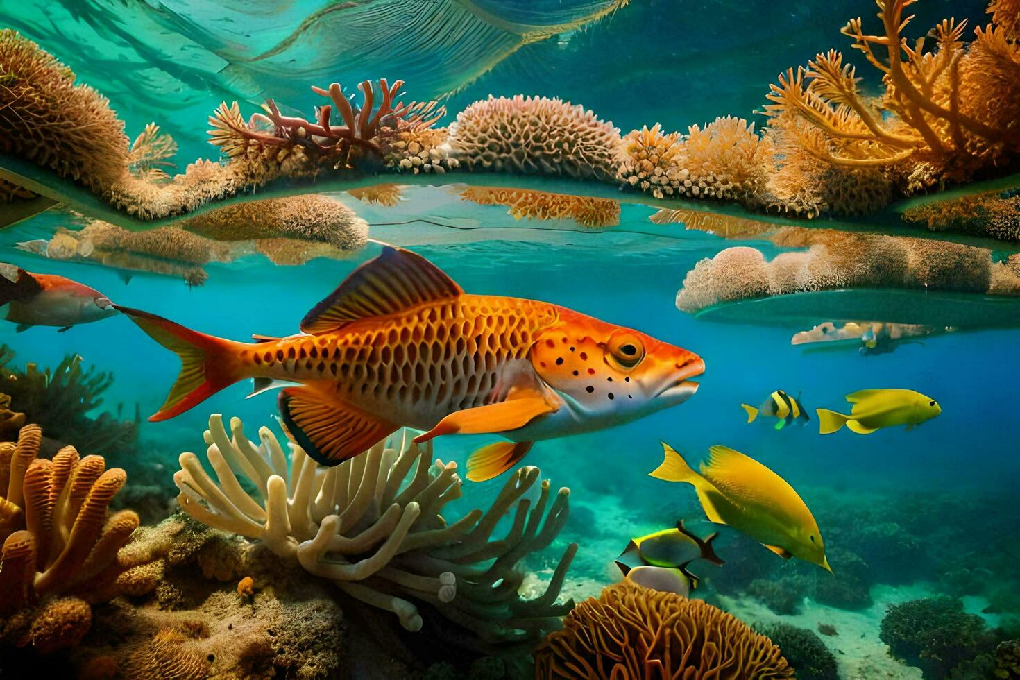 fish swimming in the ocean with coral reefs. AI-Generated photo
