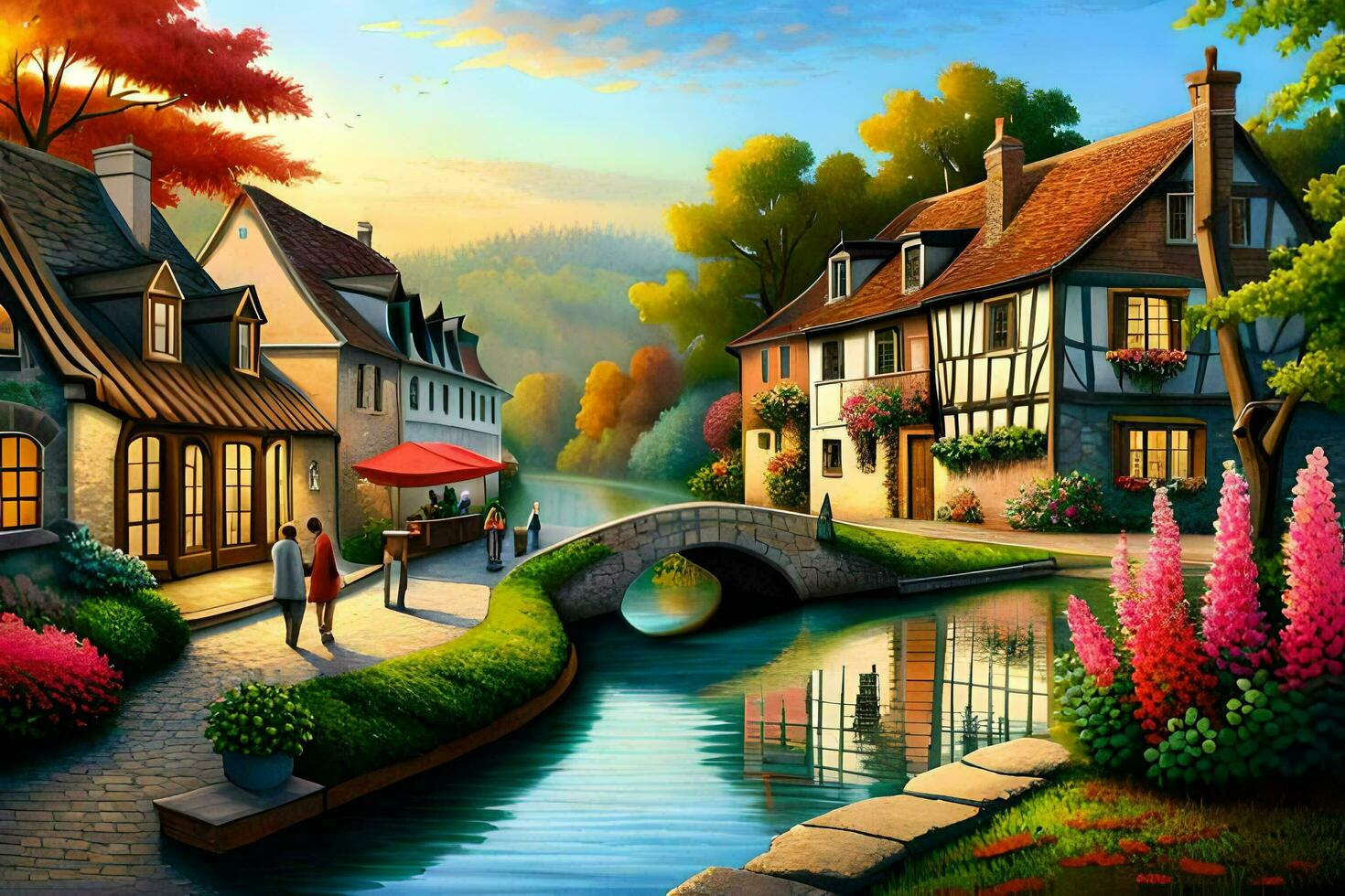 a painting of a village with a river and houses. AI-Generated photo