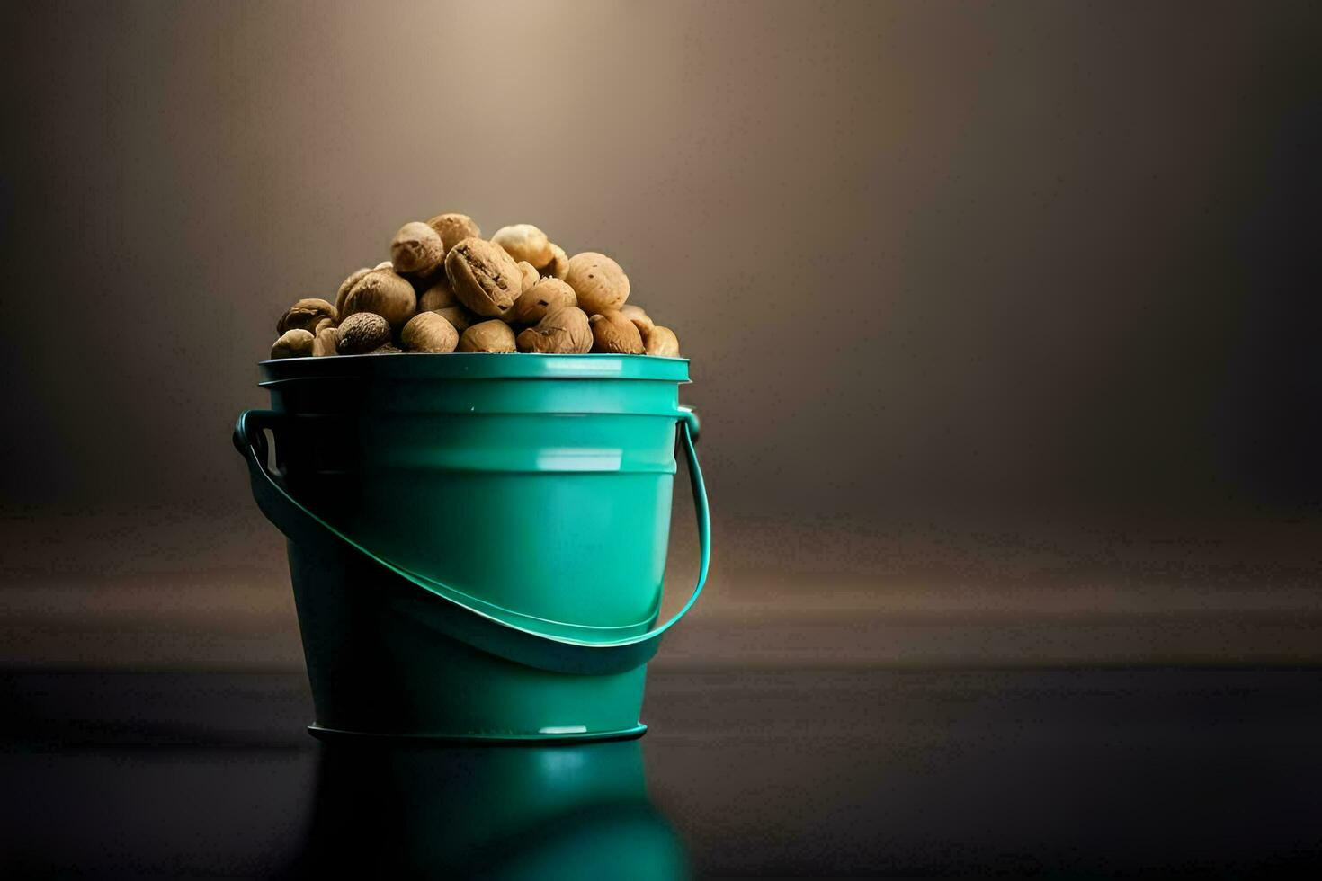 a bucket filled with nuts on a table. AI-Generated photo