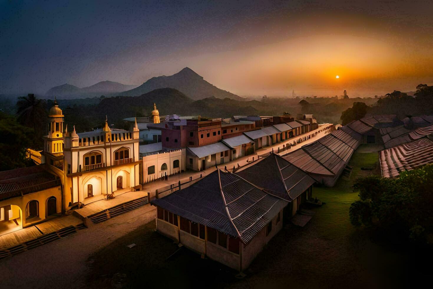 the sun sets over a village in the middle of a field. AI-Generated photo