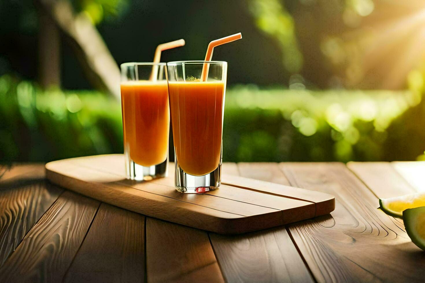 two glasses of orange juice on a wooden table. AI-Generated photo