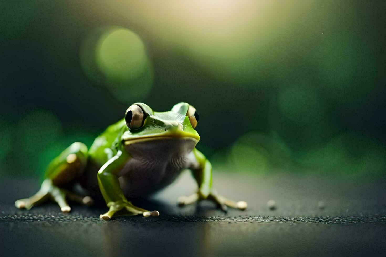 a frog is sitting on the ground in front of a green background. AI-Generated photo