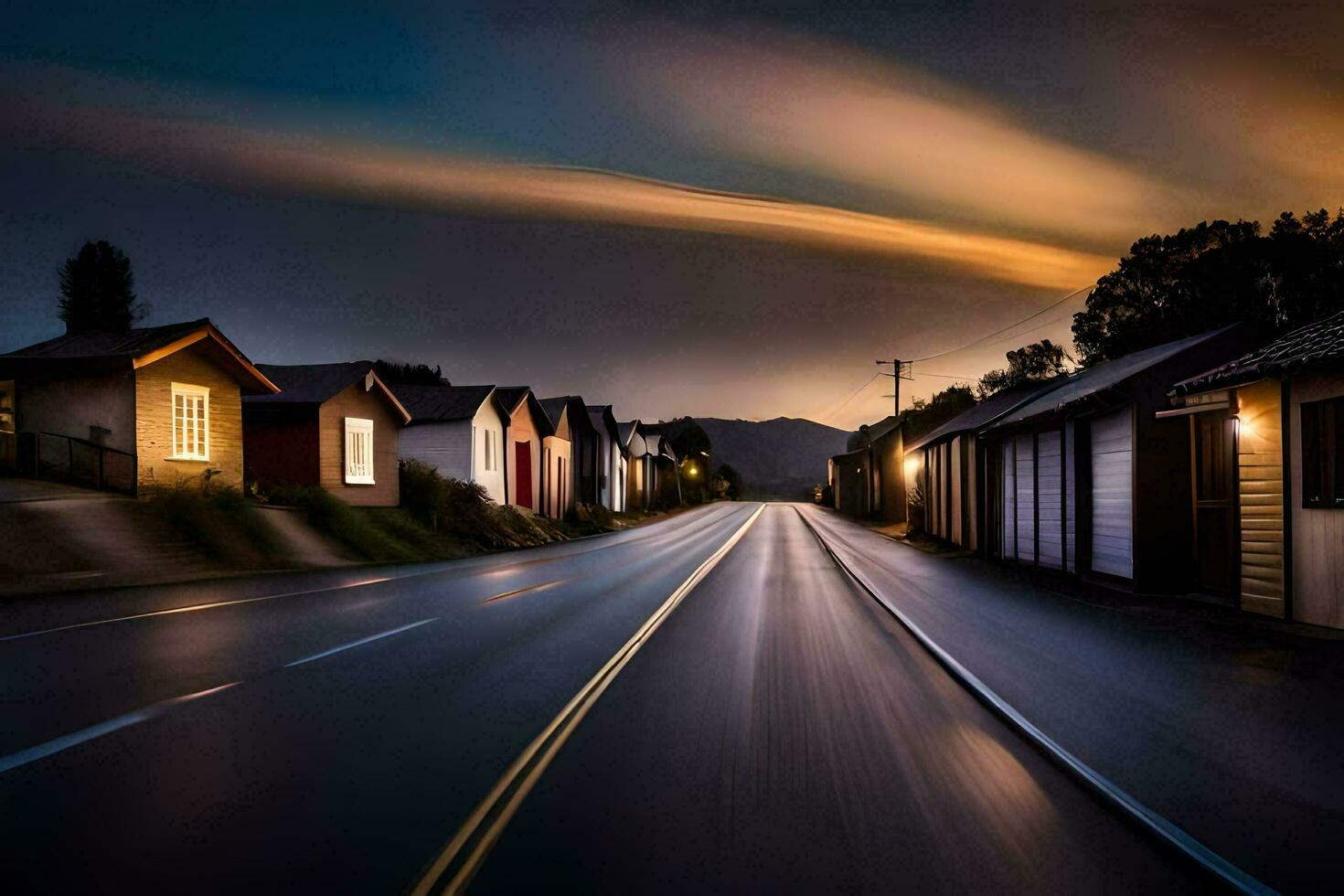 un largo exposición fotografía de un la carretera a noche. generado por ai foto