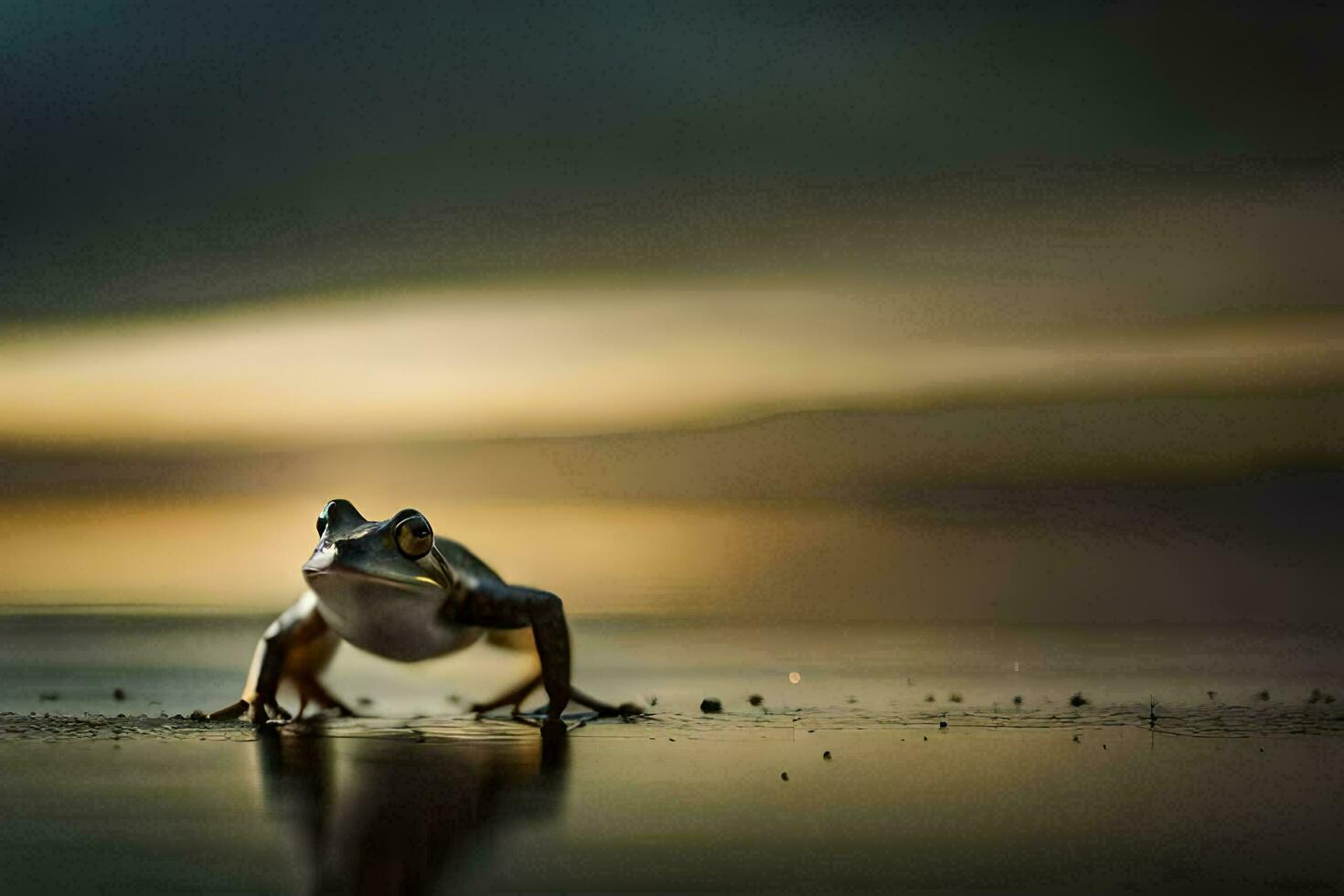 a frog standing on the beach at sunset. AI-Generated photo