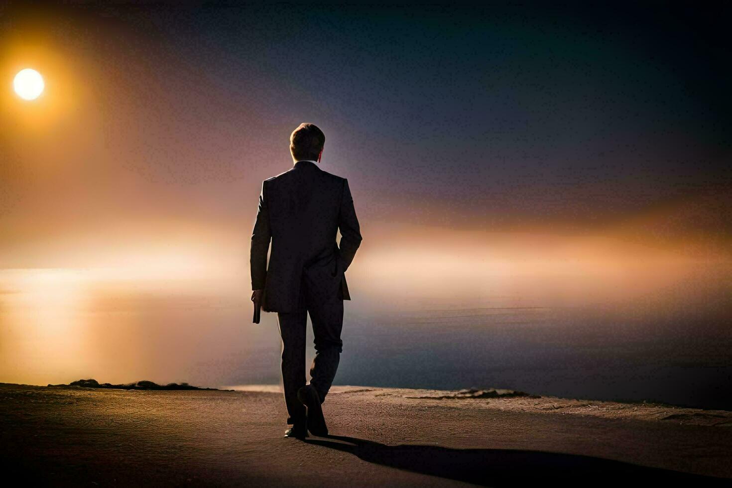 a man in a suit is walking along the shore at sunset. AI-Generated photo