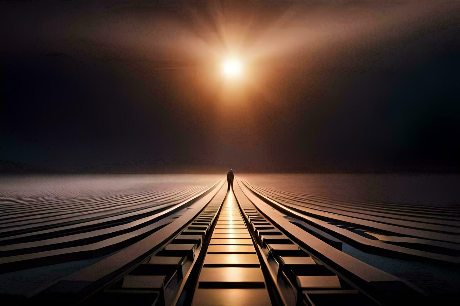 a man stands on a train track at the end of a long tunnel. AI-Generated photo