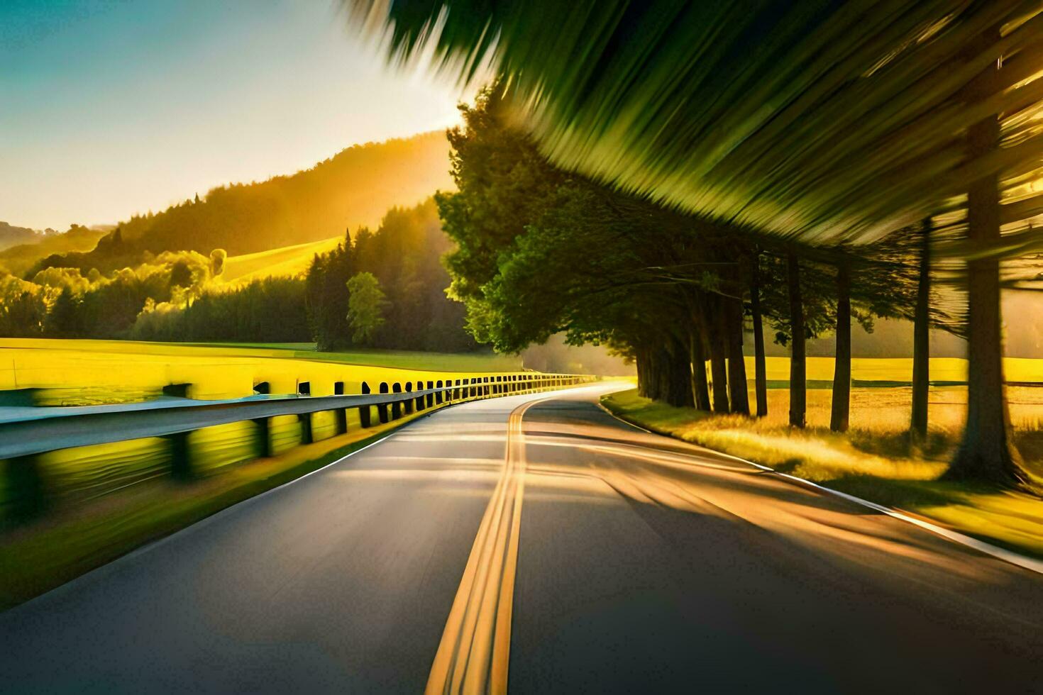 a road with trees and grass in the background. AI-Generated photo