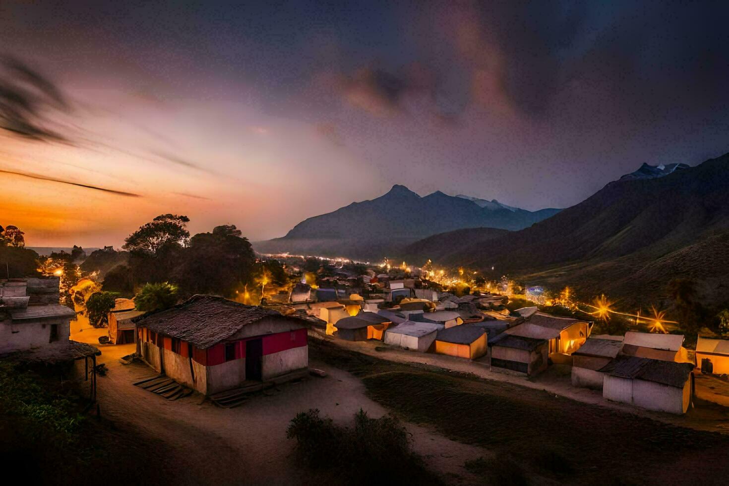 a village at sunset with mountains in the background. AI-Generated photo