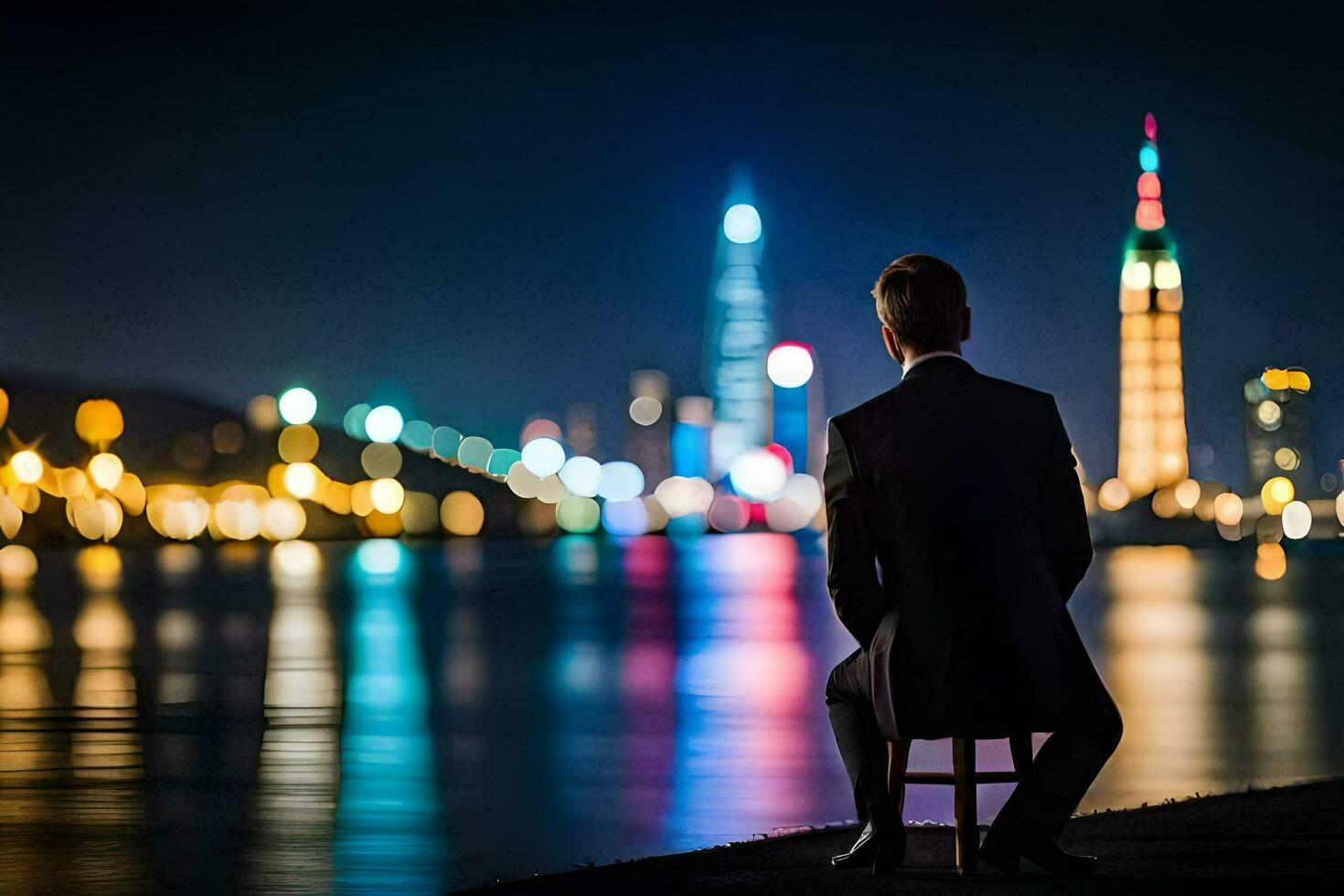 a man sitting on a chair looking at the city lights. AI-Generated photo