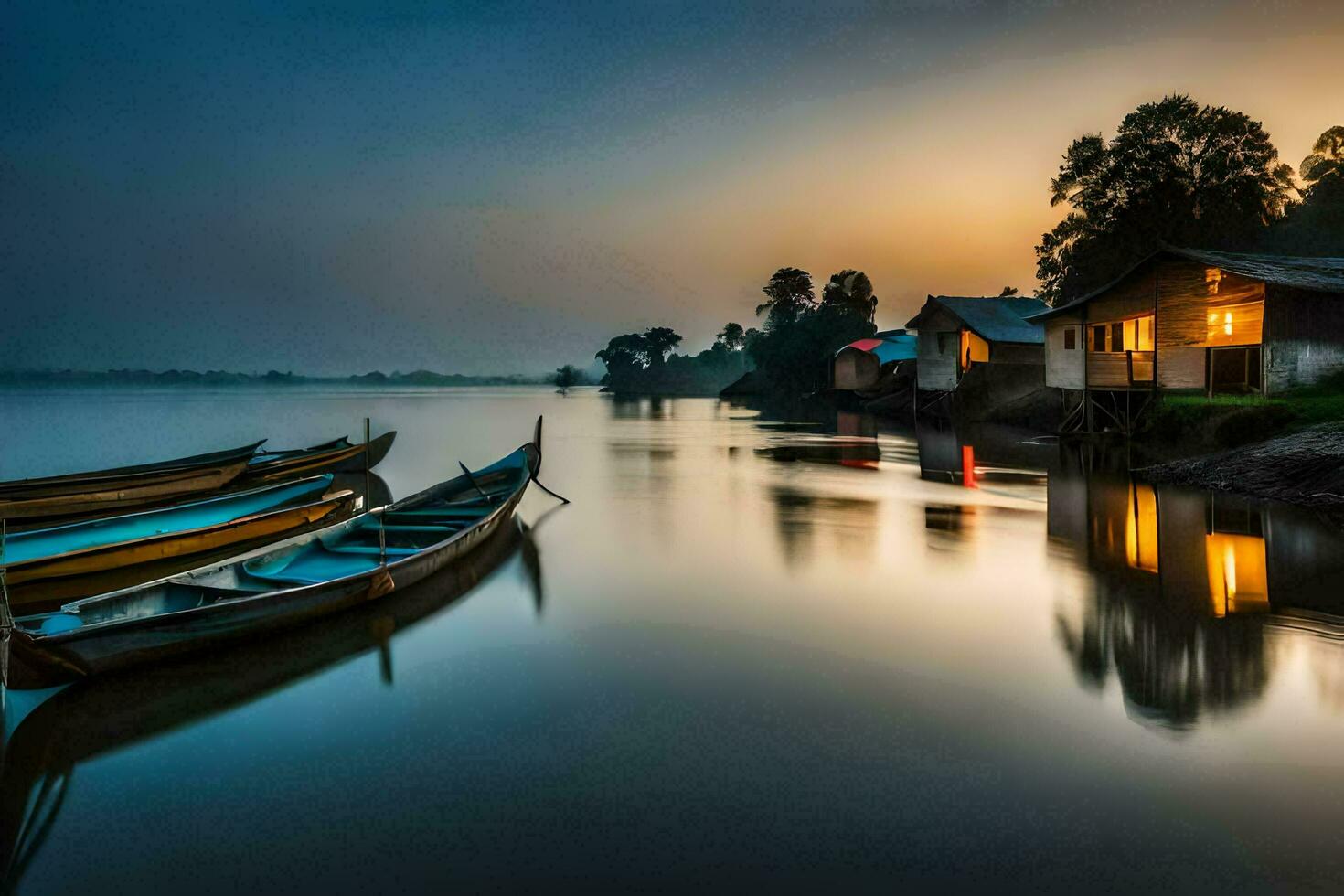 boats docked on the water at sunset. AI-Generated photo