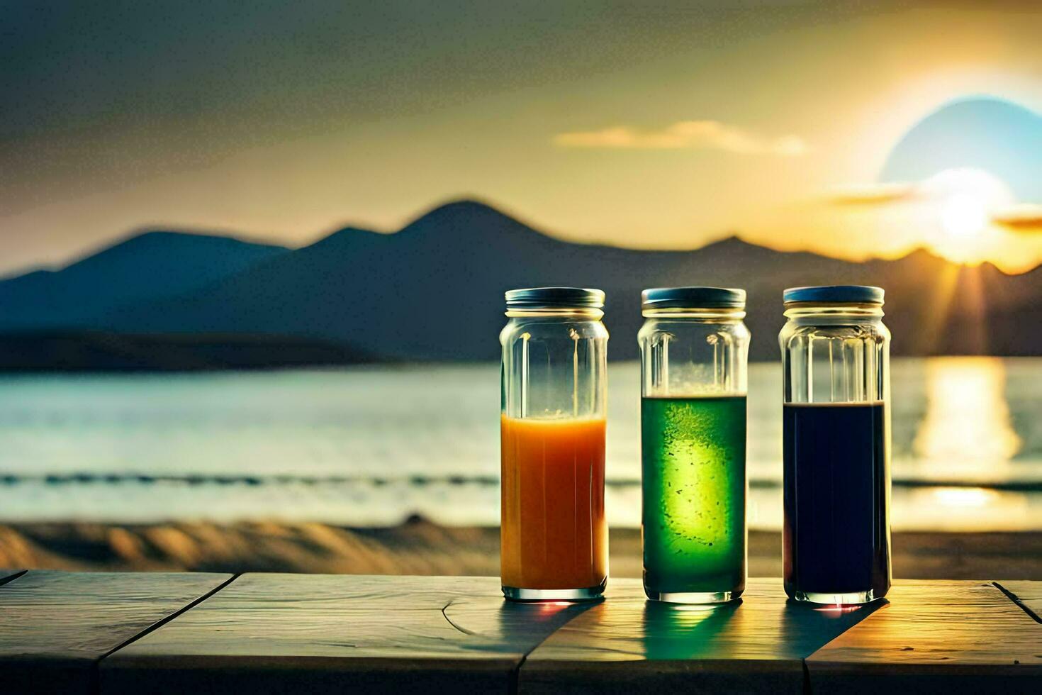 three bottles of juice sitting on a table with the sun setting behind them. AI-Generated photo