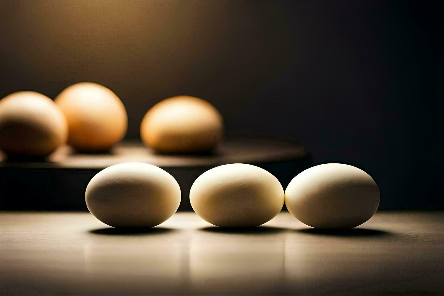 four eggs are sitting on a table. AI-Generated photo