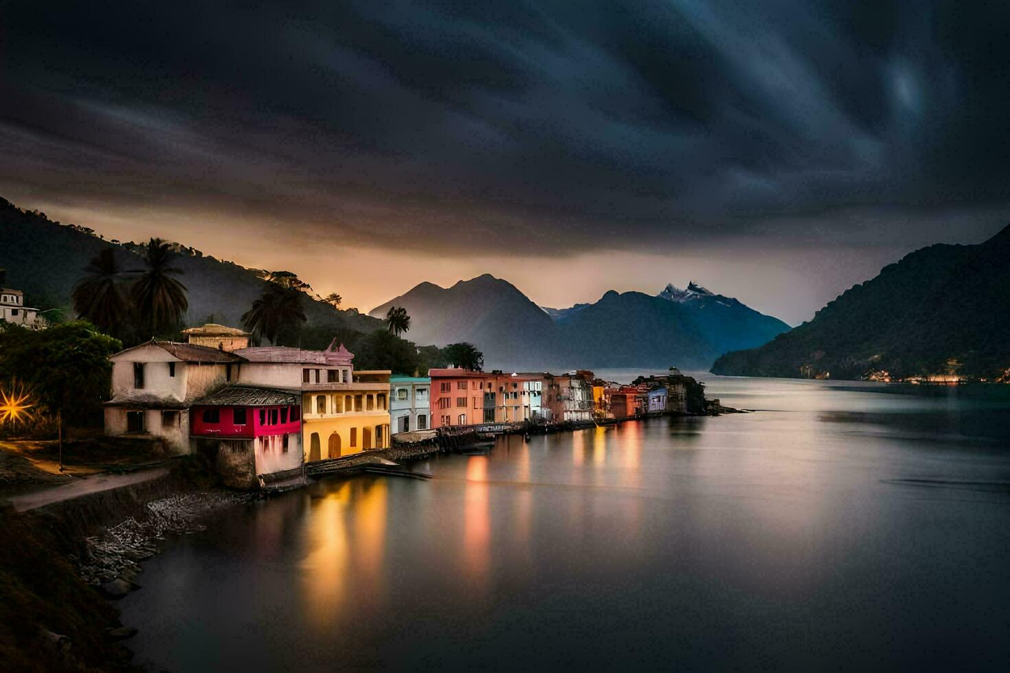 the houses on the lake at night. AI-Generated photo