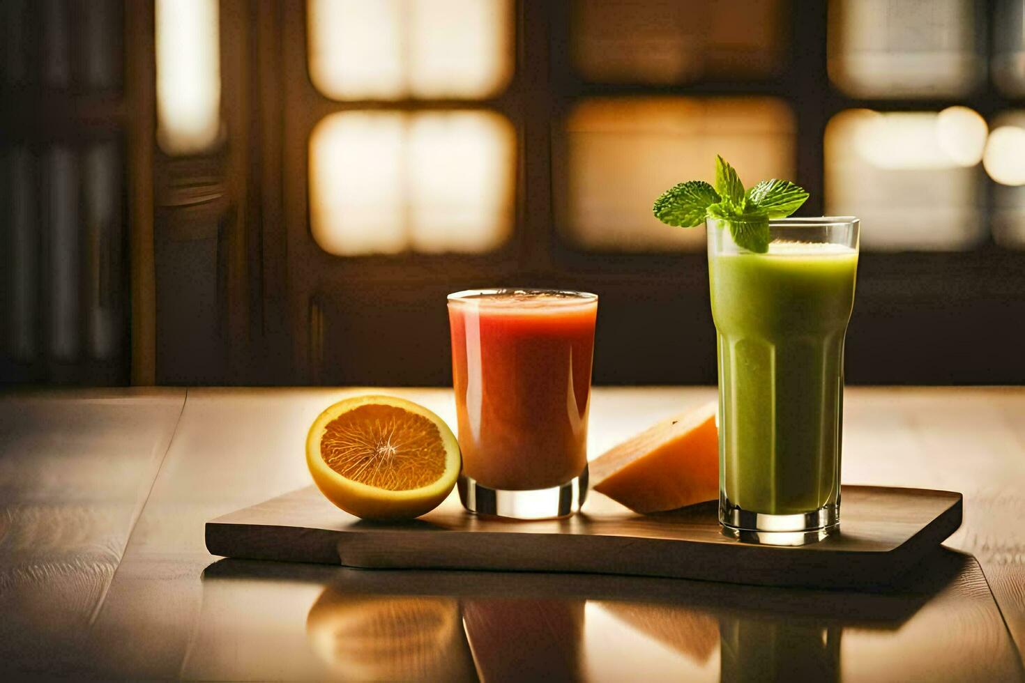 two drinks on a wooden tray with a slice of orange and a slice of lemon. AI-Generated photo
