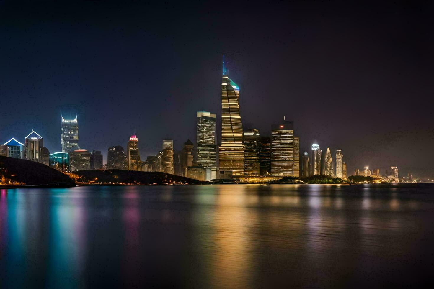 the city skyline at night with lights reflecting off the water. AI-Generated photo