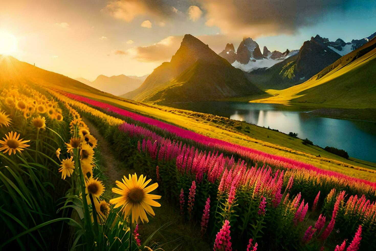 el Dom sube terminado un campo de flores y montañas. generado por ai foto