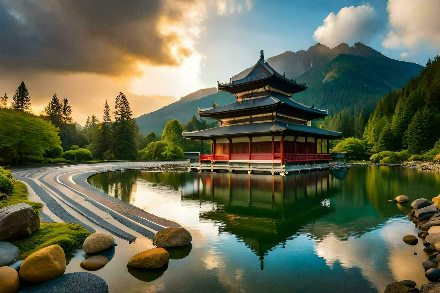 a pagoda sits in the middle of a lake at sunset. AI-Generated photo