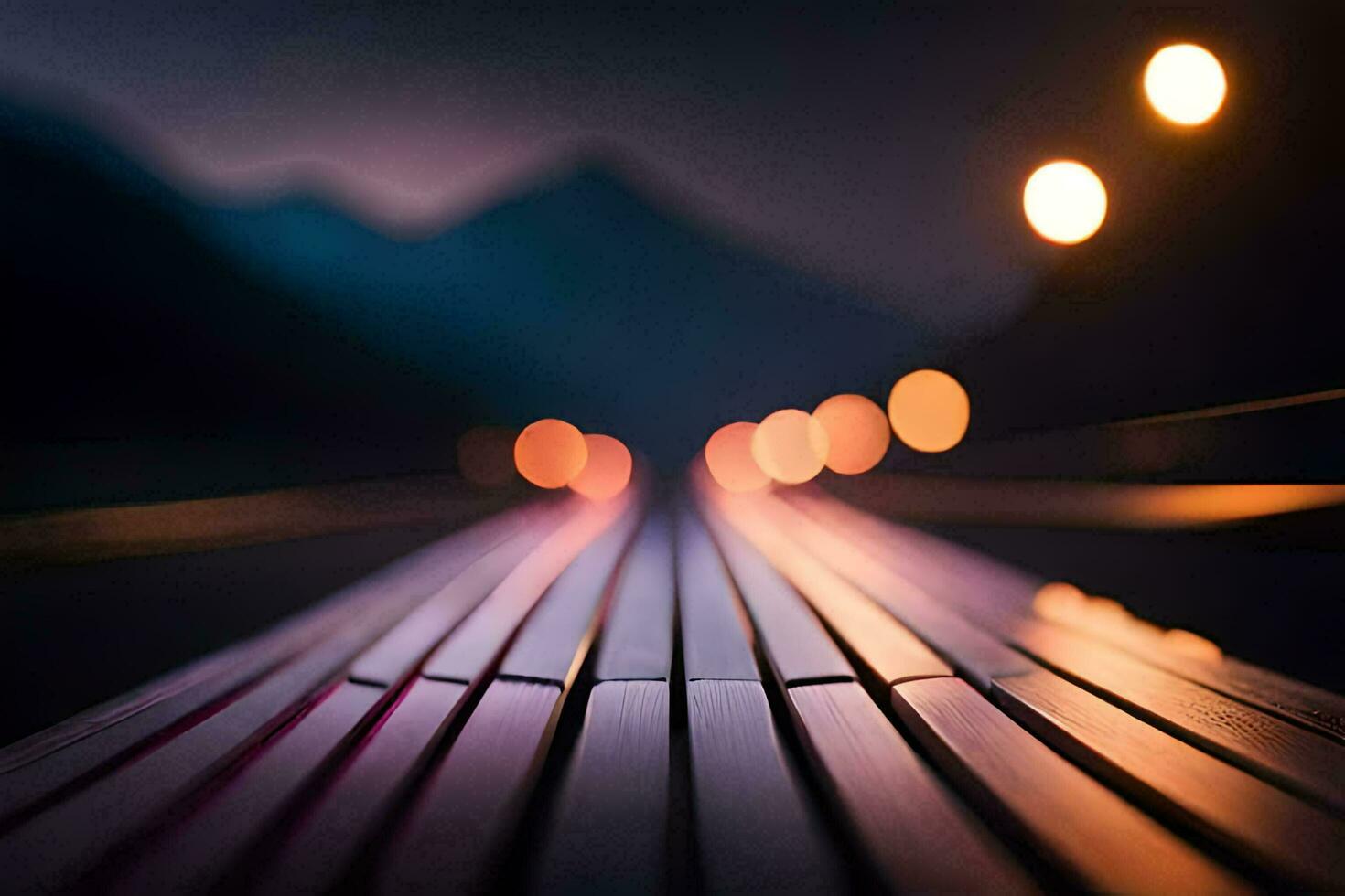 a long wooden bench with lights on it. AI-Generated photo