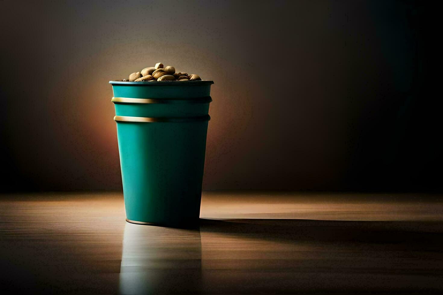 a green cup filled with peanuts sitting on a wooden table. AI-Generated photo