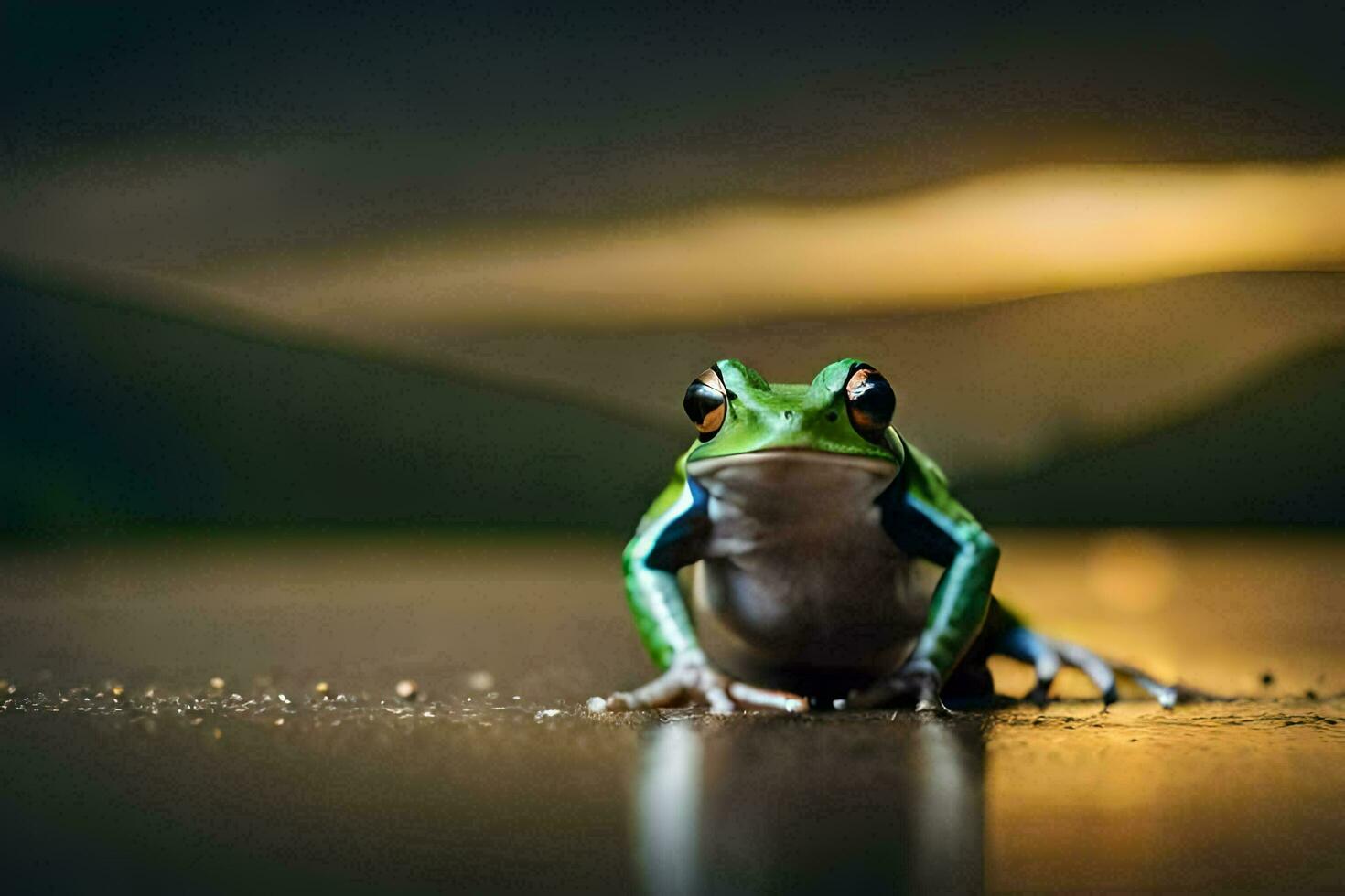 a frog sitting on the ground in front of a sunset. AI-Generated photo