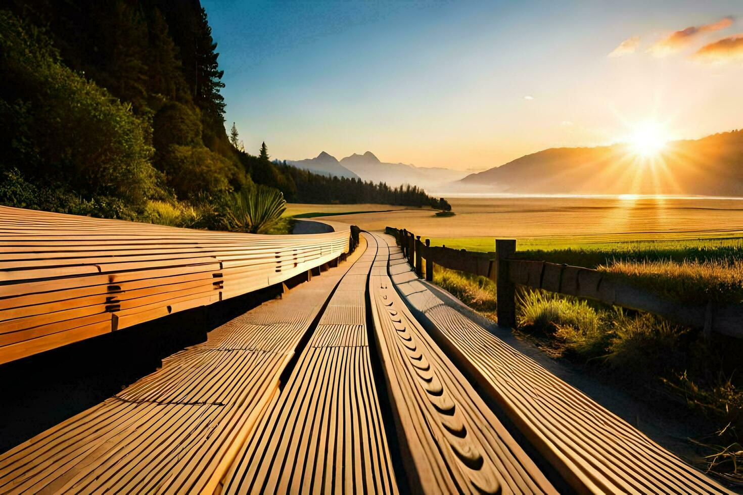 a wooden boardwalk leads to the sun. AI-Generated photo