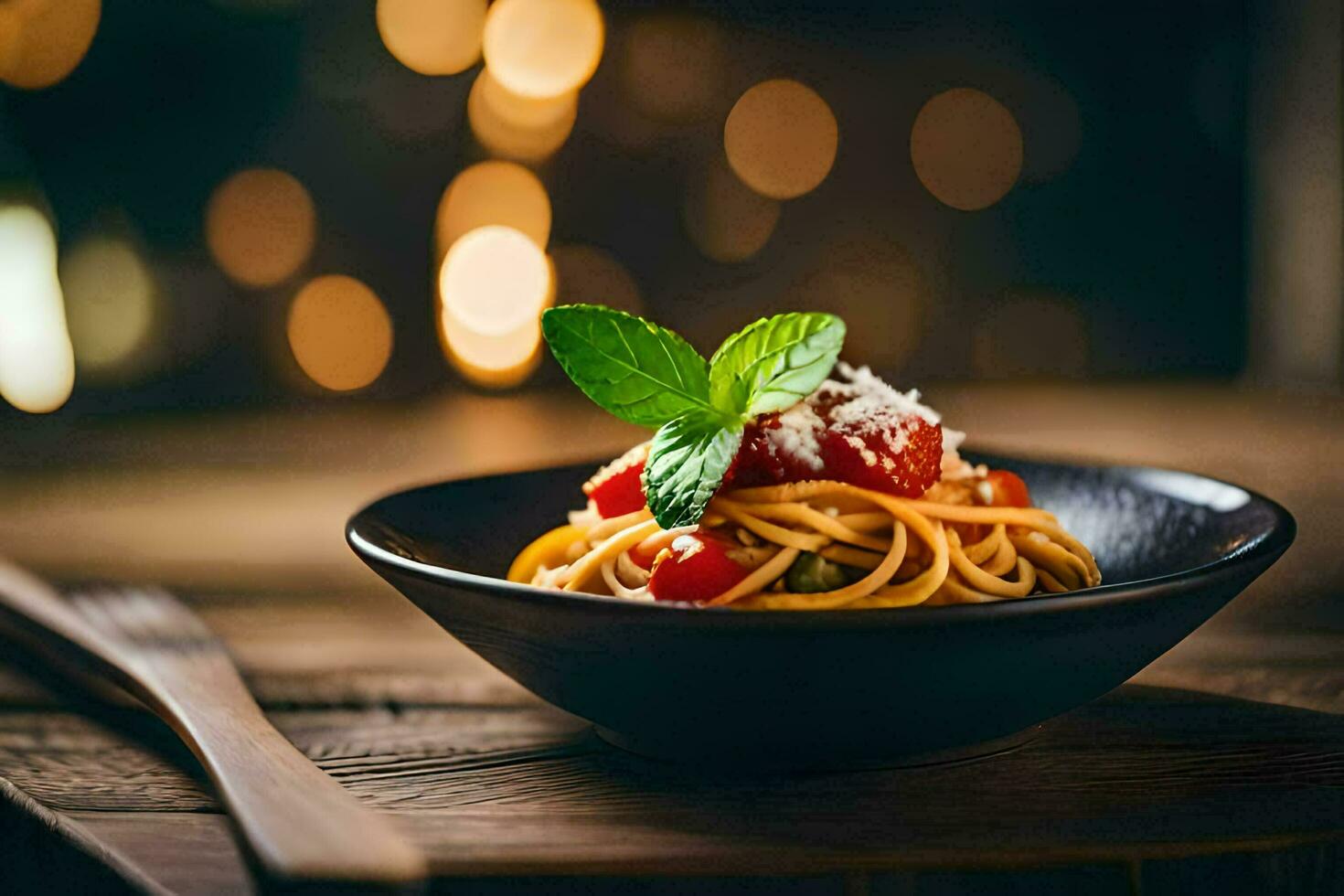 spaghetti with tomato and basil on a wooden table. AI-Generated photo