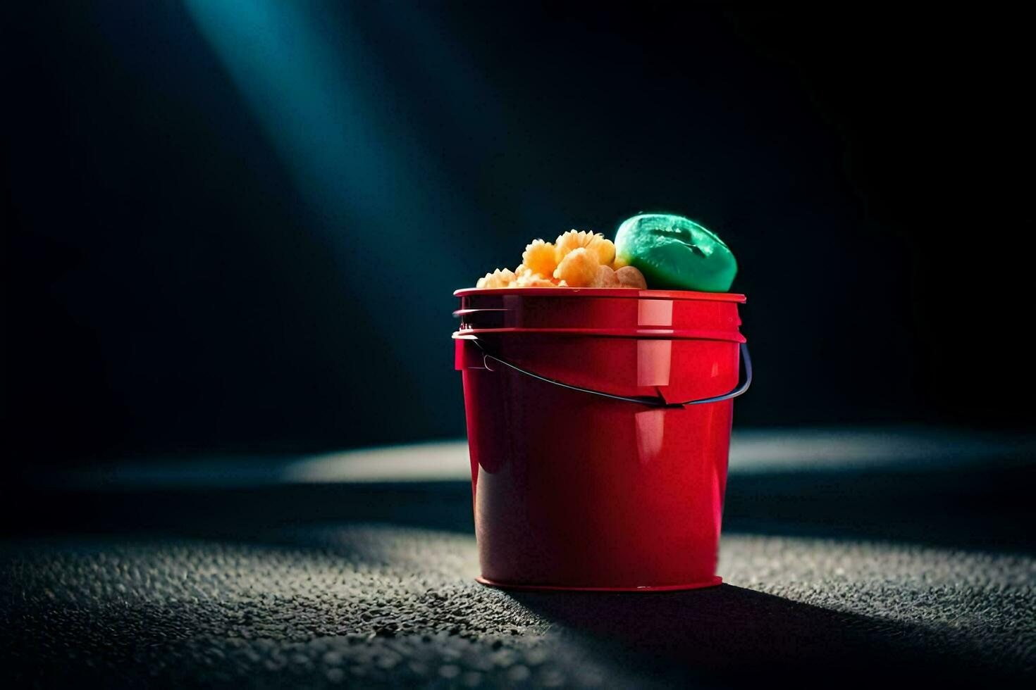a red bucket with a green lid on top. AI-Generated photo
