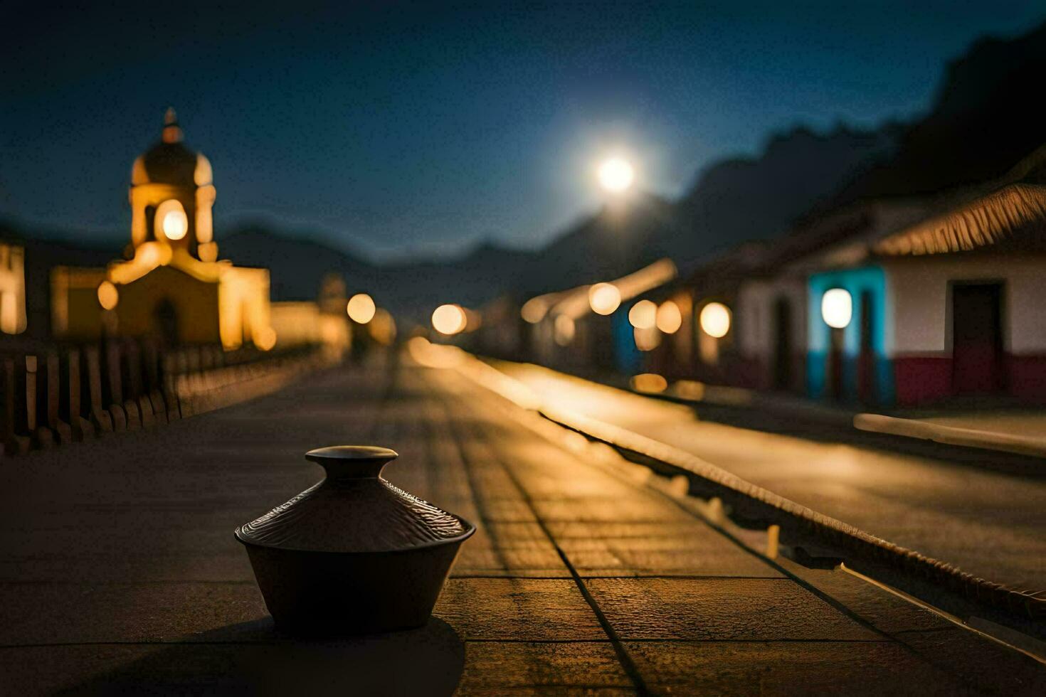 a vase sitting on the side of a road at night. AI-Generated photo