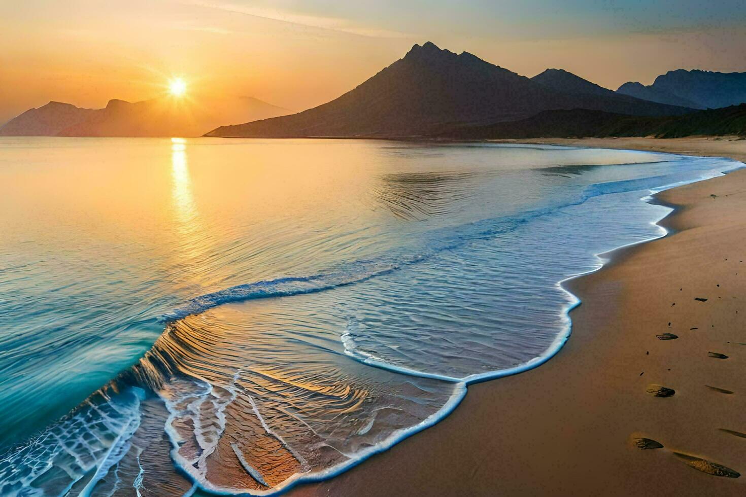 the sun rises over the ocean and mountains. AI-Generated photo