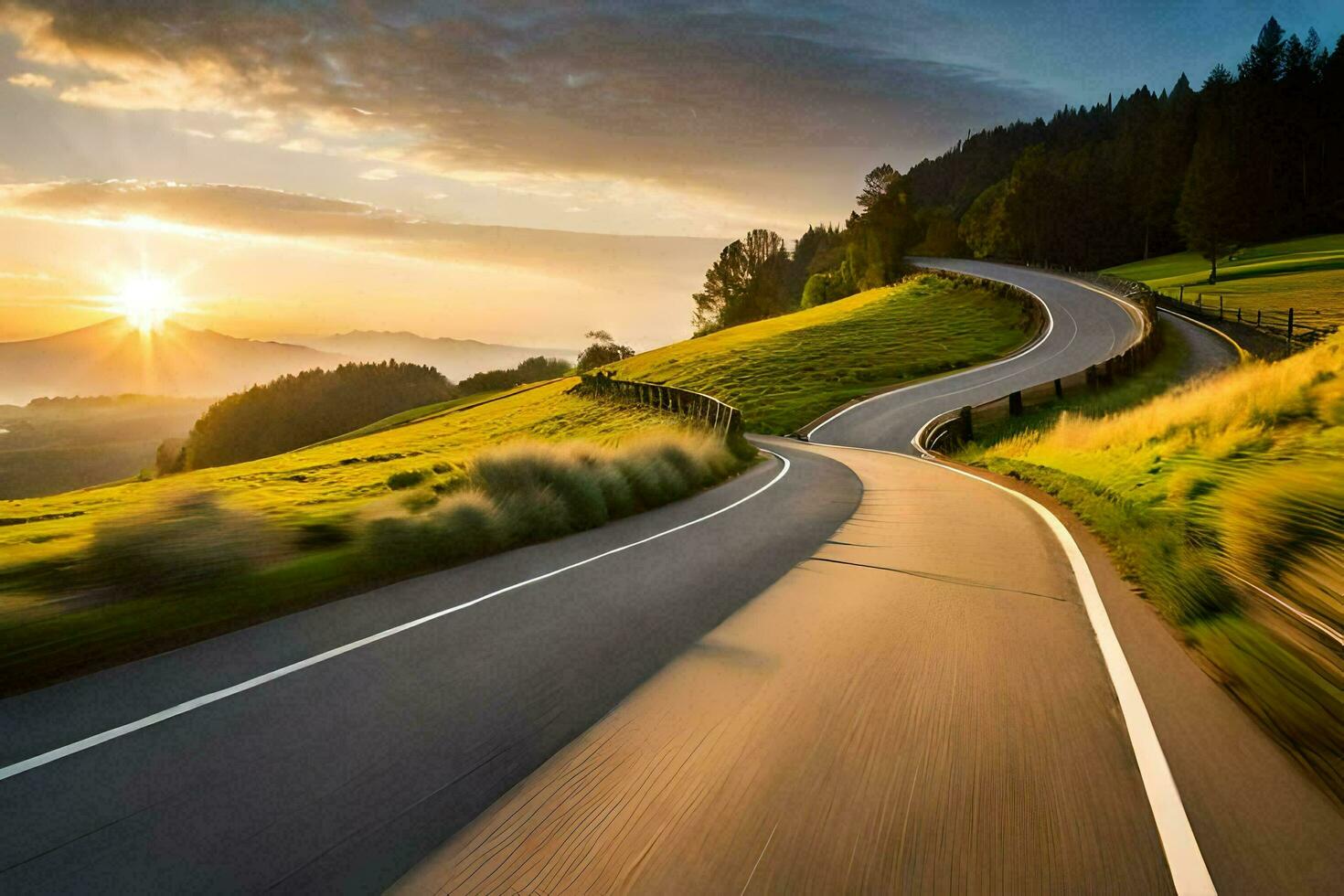 a winding road in the mountains at sunset. AI-Generated photo