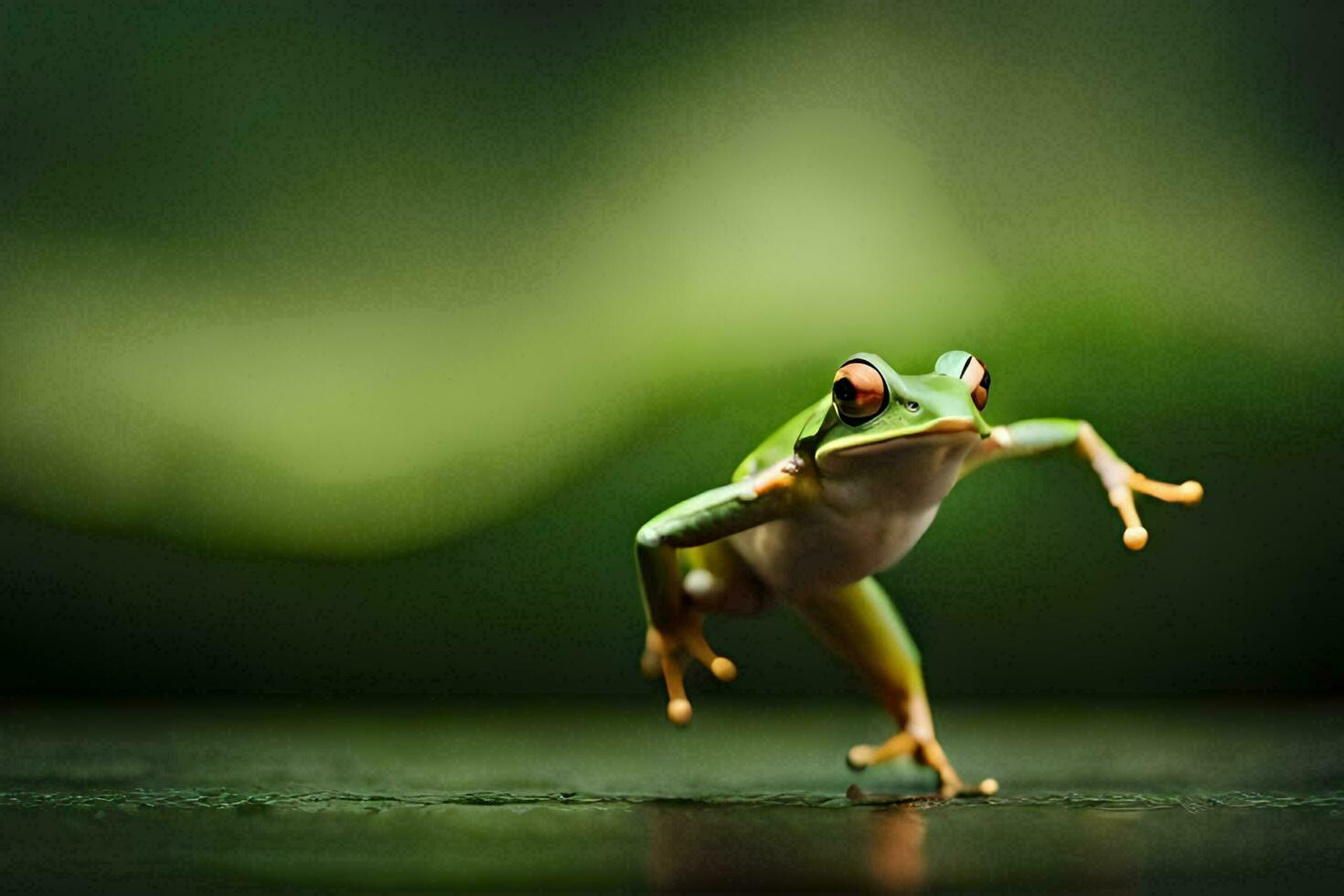 a frog jumping on a wooden floor. AI-Generated photo