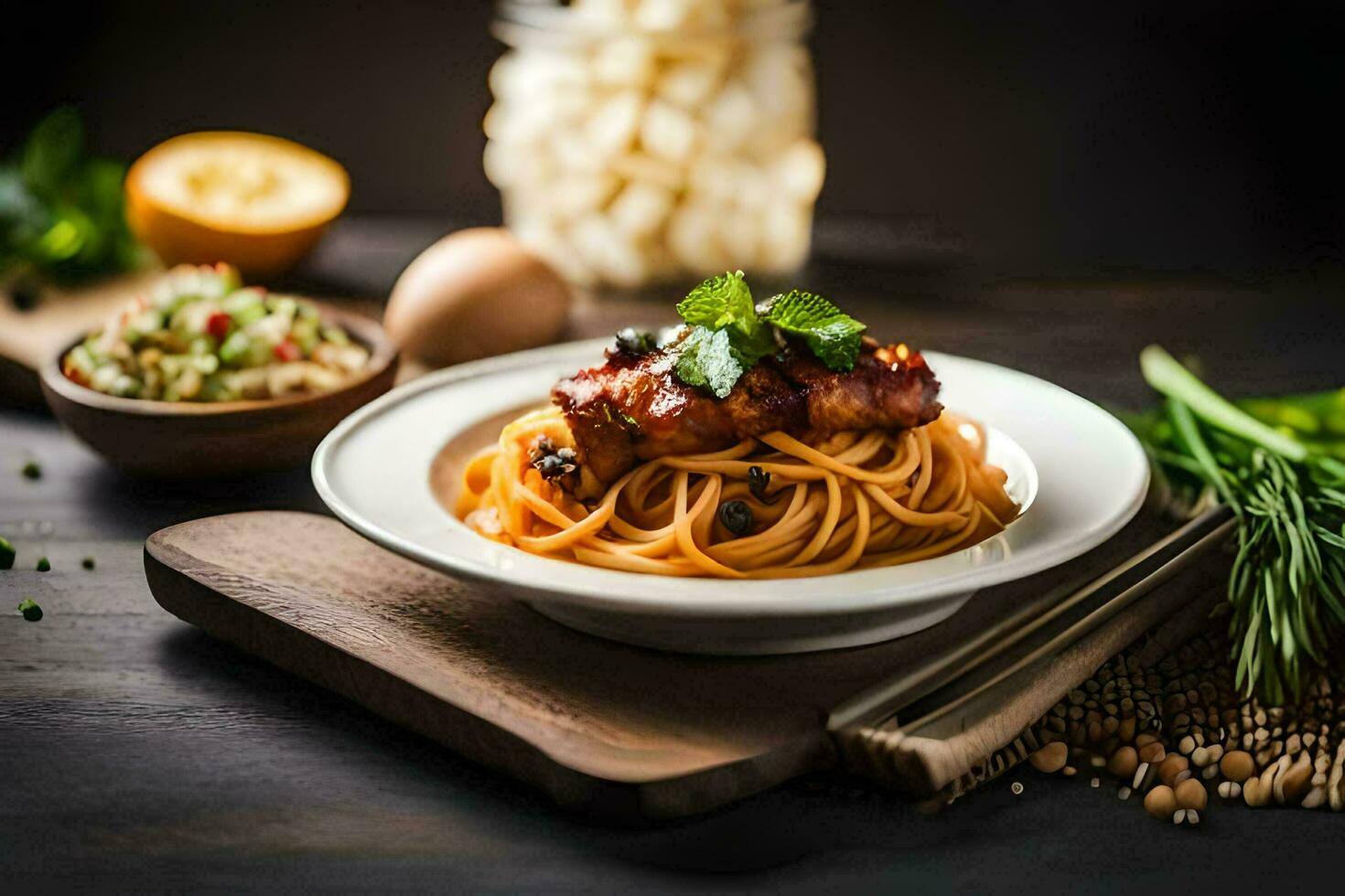 spaghetti with meat and vegetables on a wooden table. AI-Generated photo