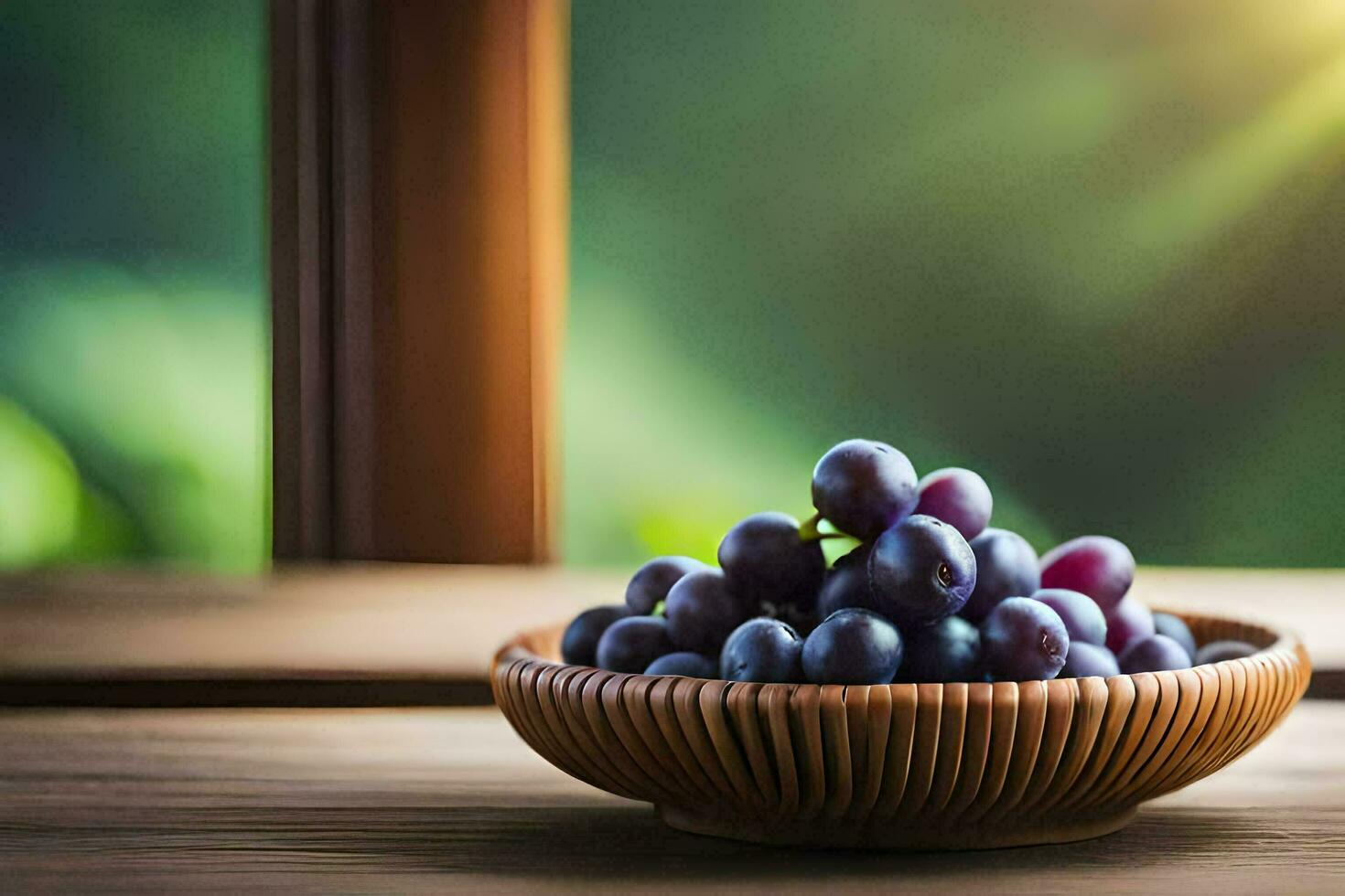 a bowl of grapes on a wooden table. AI-Generated photo