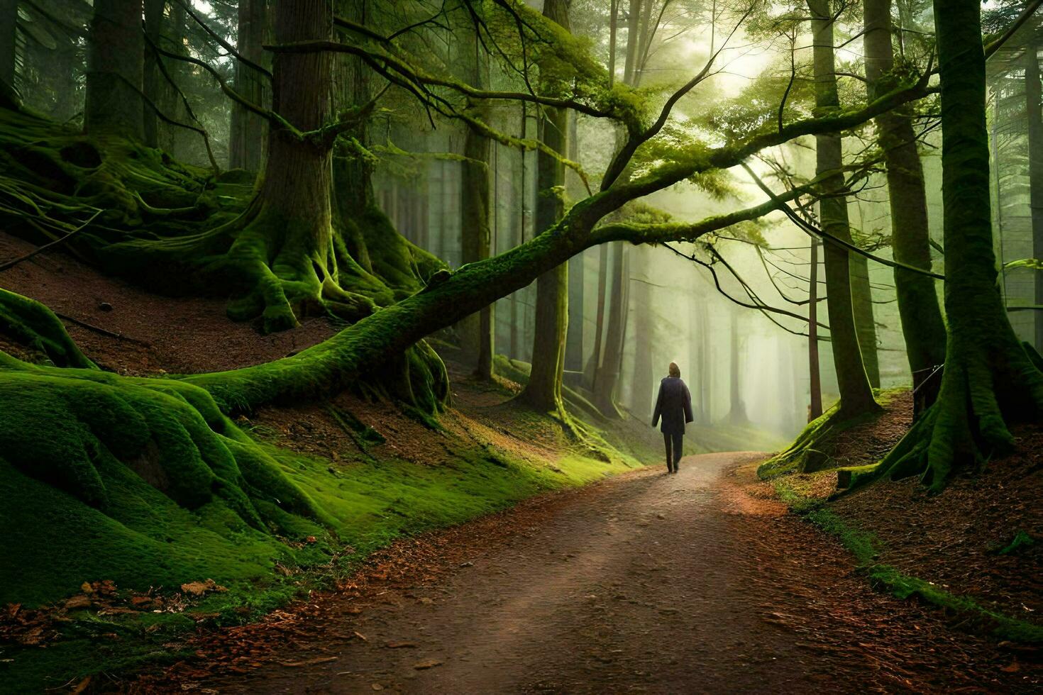 a man walking down a path in a forest with trees and moss. AI-Generated photo