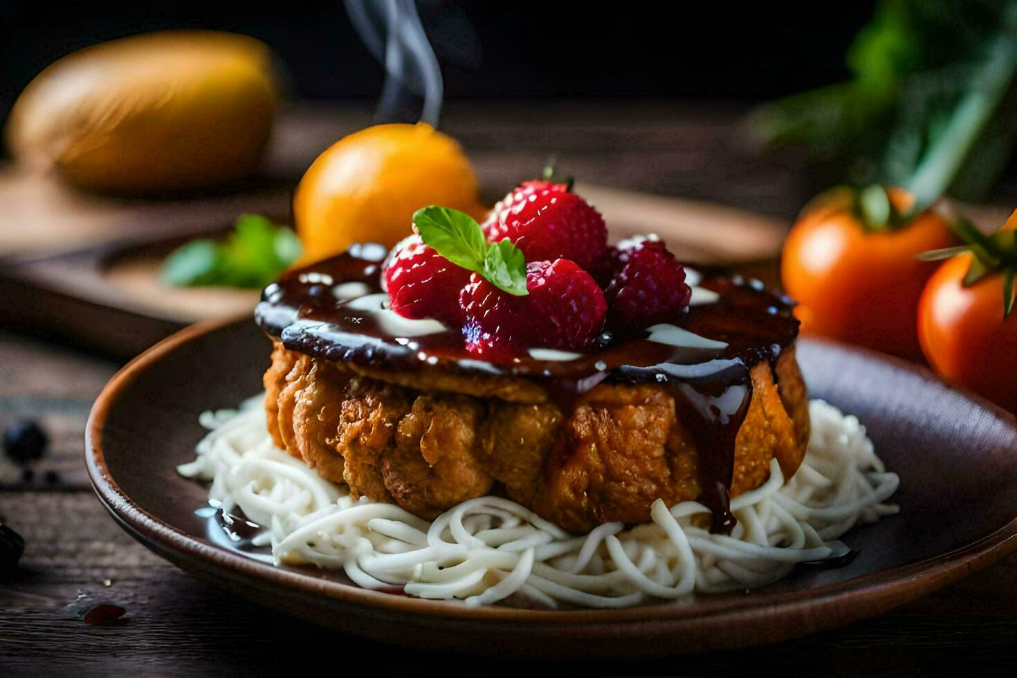 a dessert with berries and noodles on a wooden table. AI-Generated photo