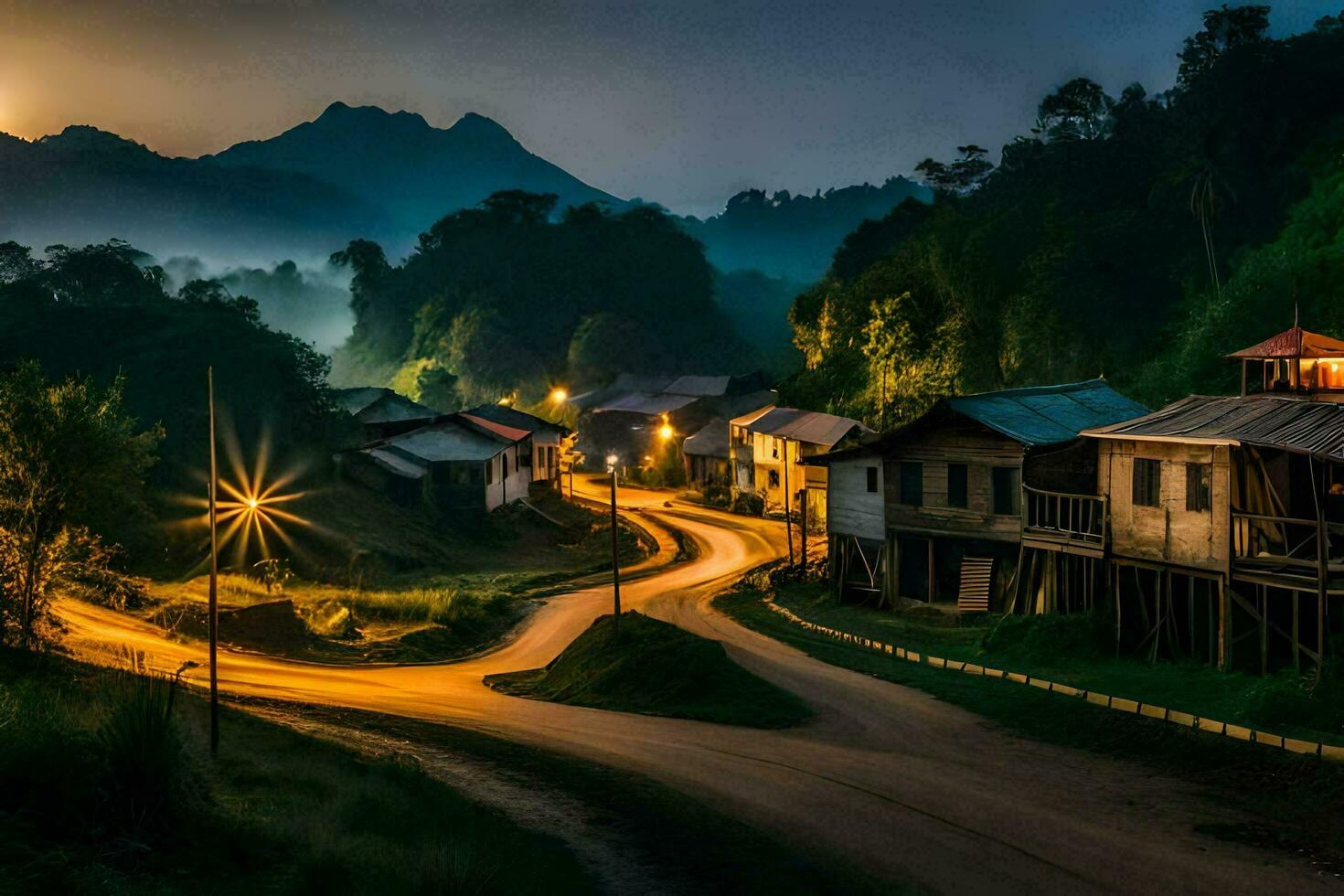 a village at night with a road winding through it. AI-Generated photo