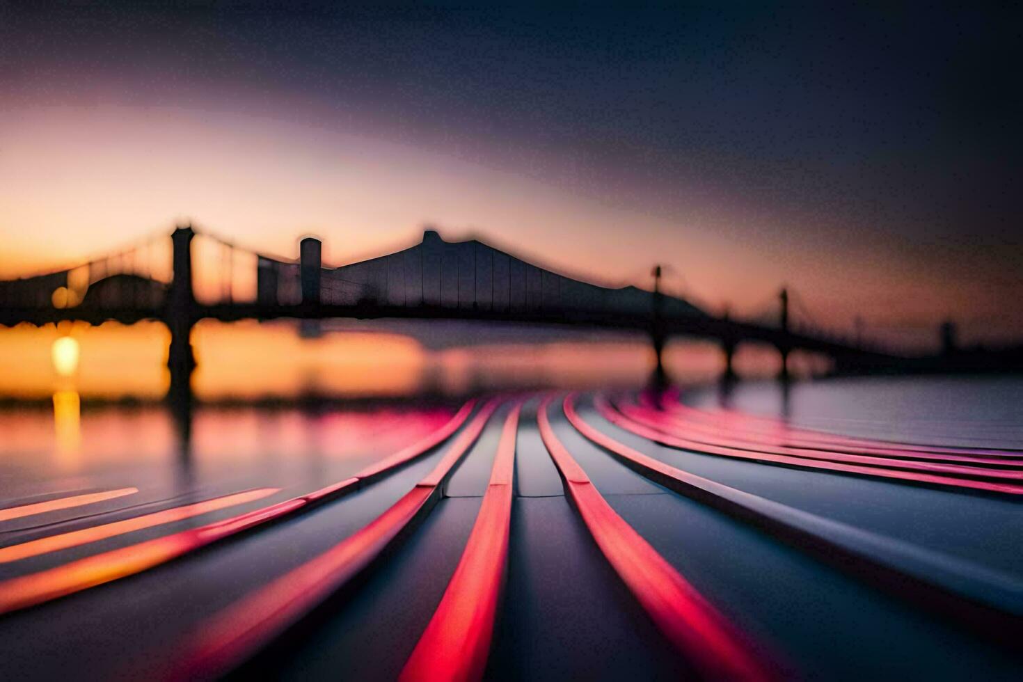 un largo exposición fotografía de un puente a puesta de sol. generado por ai foto