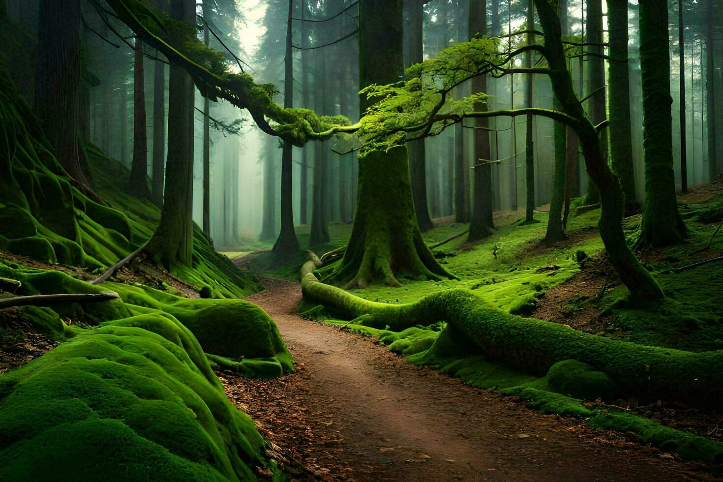 a path through a green forest with mossy trees. AI-Generated photo