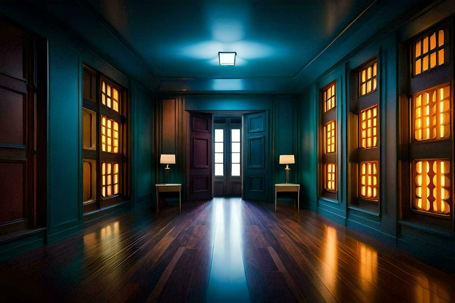 a dark hallway with wooden floors and blue walls. AI-Generated photo