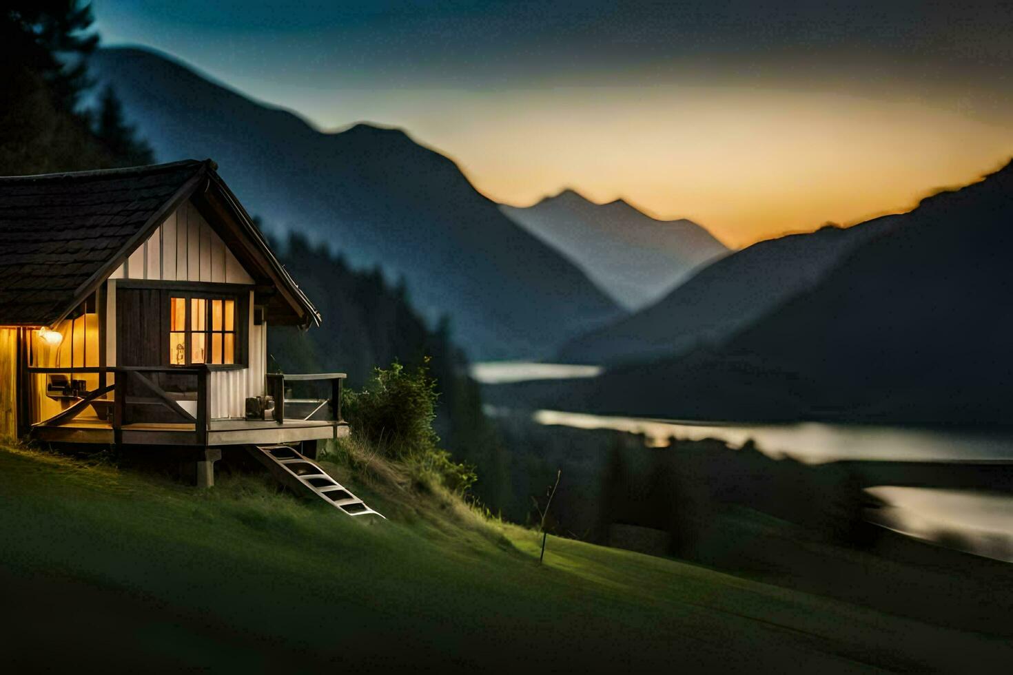 un pequeño cabina en el montañas a puesta de sol. generado por ai foto