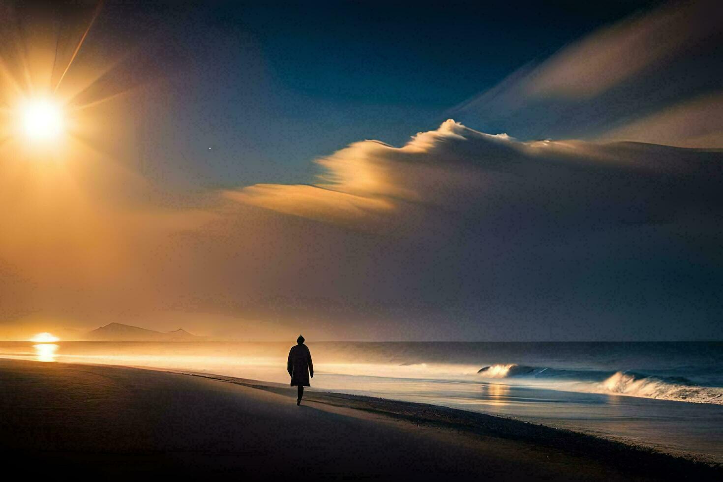 a man walks along the beach at sunset. AI-Generated photo