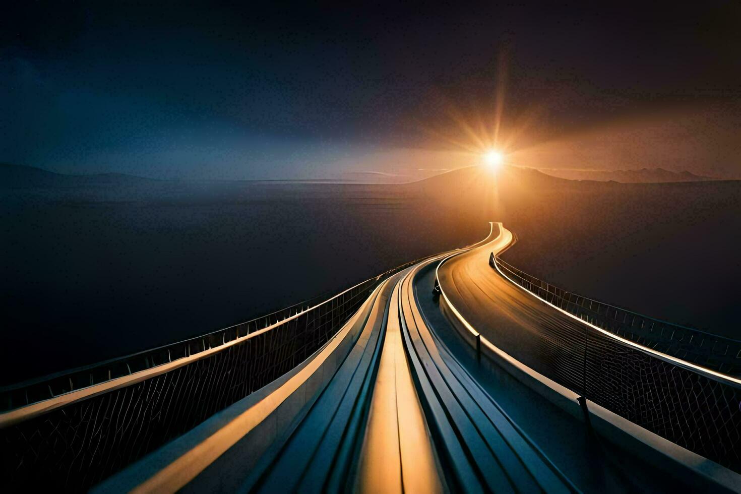 the sun is shining over a bridge in the distance. AI-Generated photo