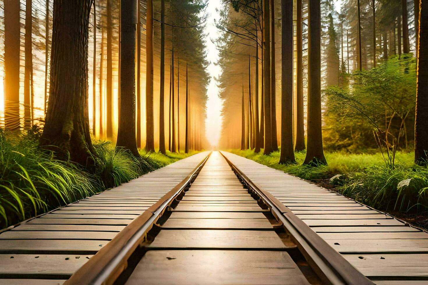 a train track in the middle of a forest. AI-Generated photo