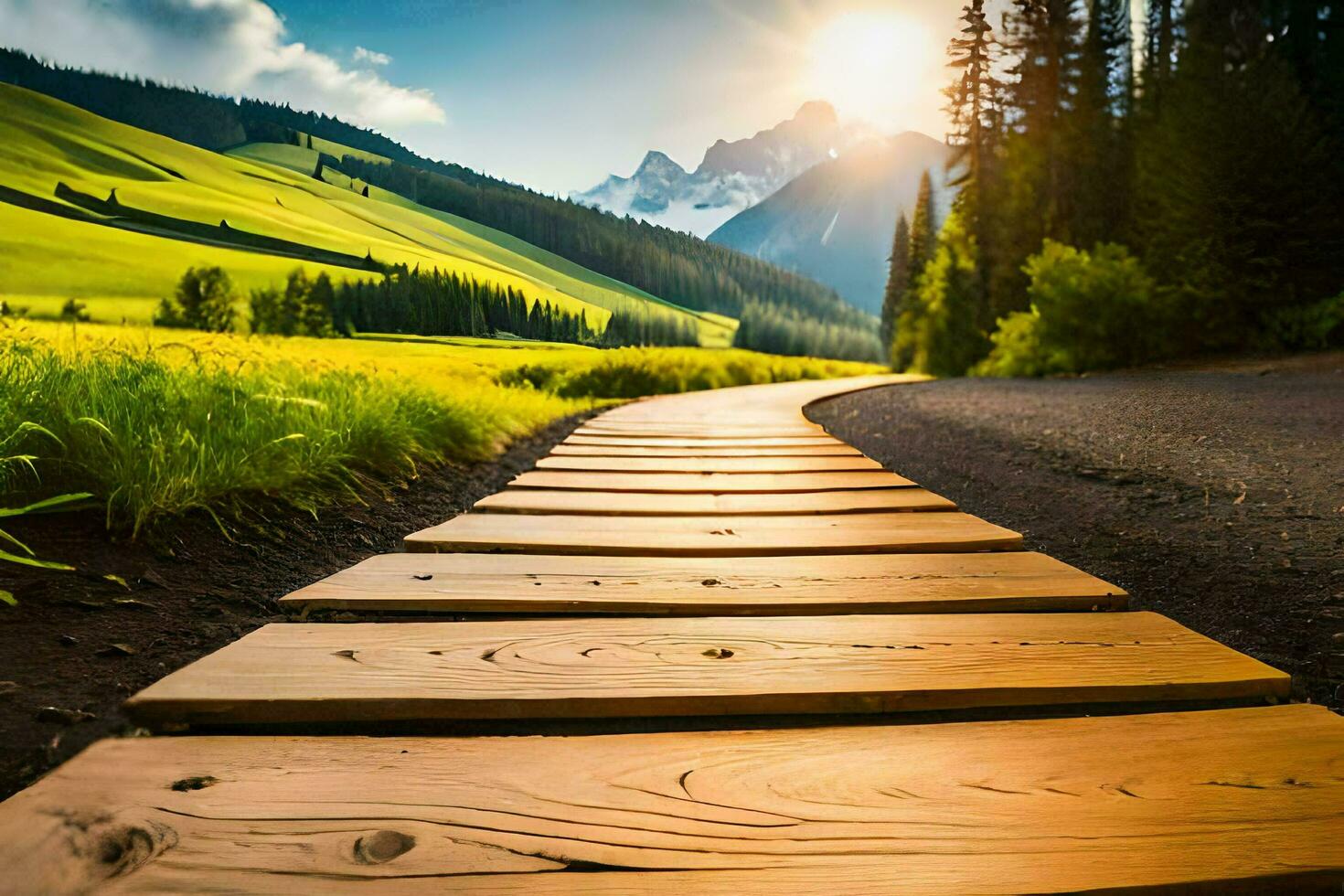 wooden path in the mountains. AI-Generated photo