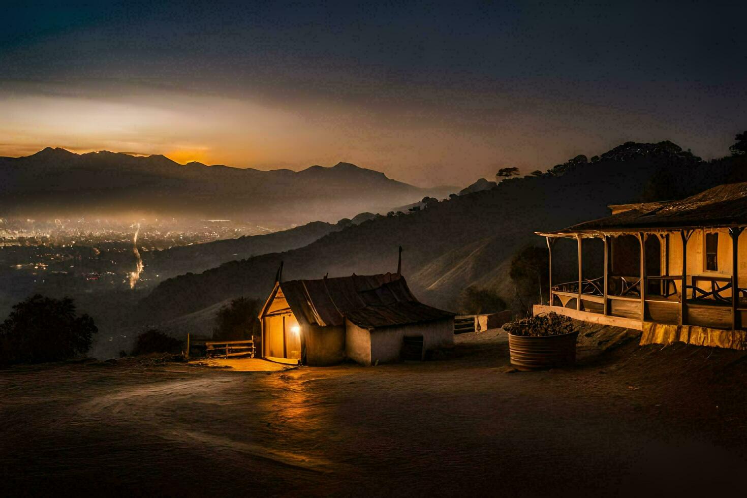 a house on a hill at dusk with mountains in the background. AI-Generated photo